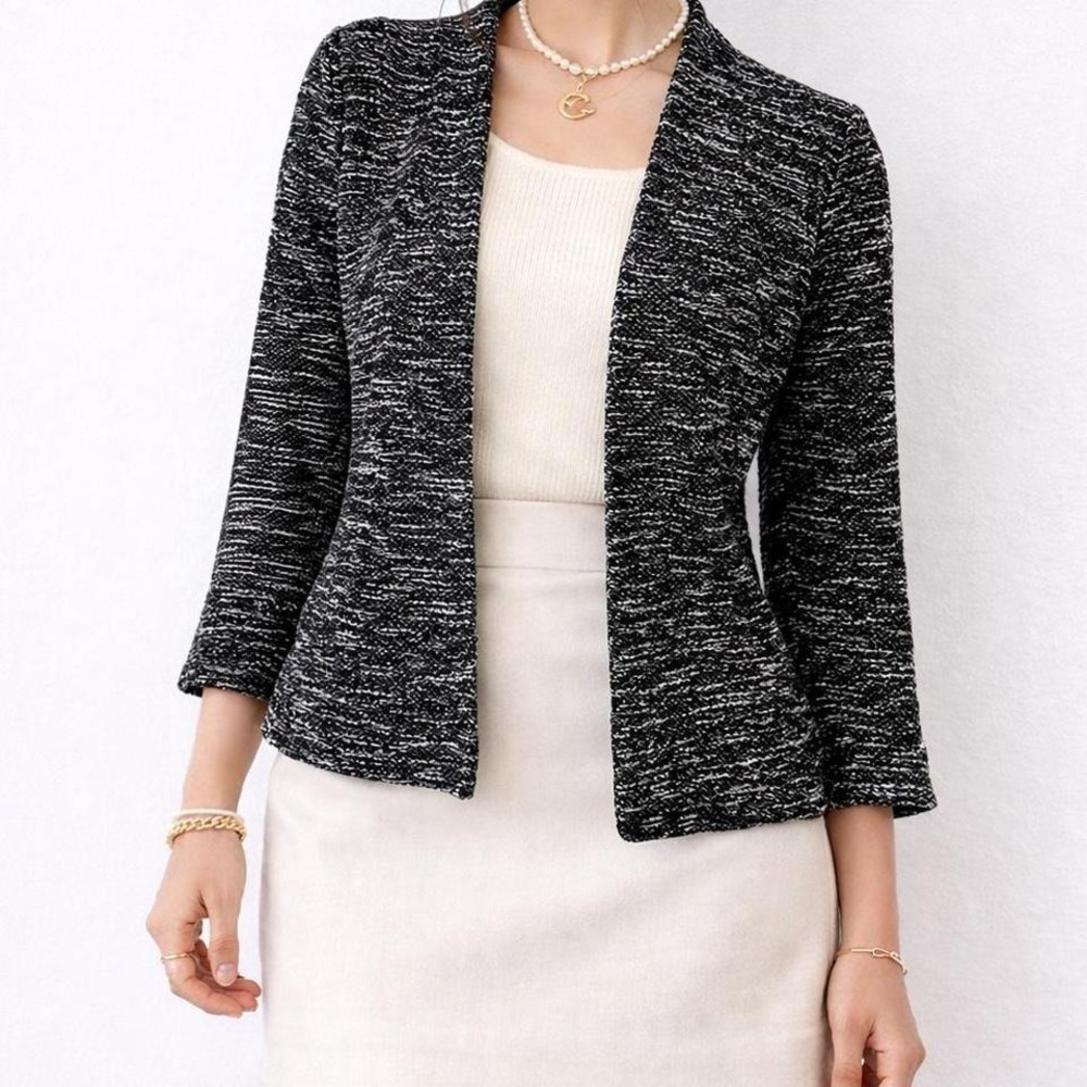 Cropped Black & Ivory‎ Textured Open-Front Sweater Jacket S Minimal